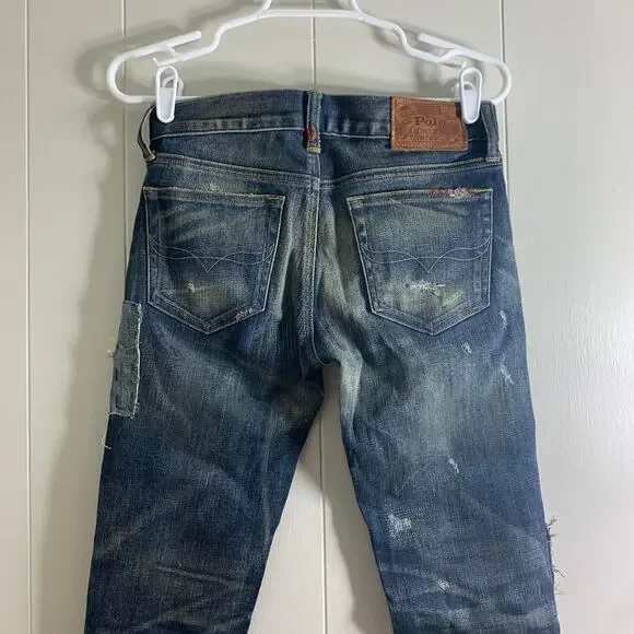 vintage 2000s POLO RALPH LAUREN TOMPKINS SKINNY distressed denim jeans bottom 26 - Picture 7 of 8